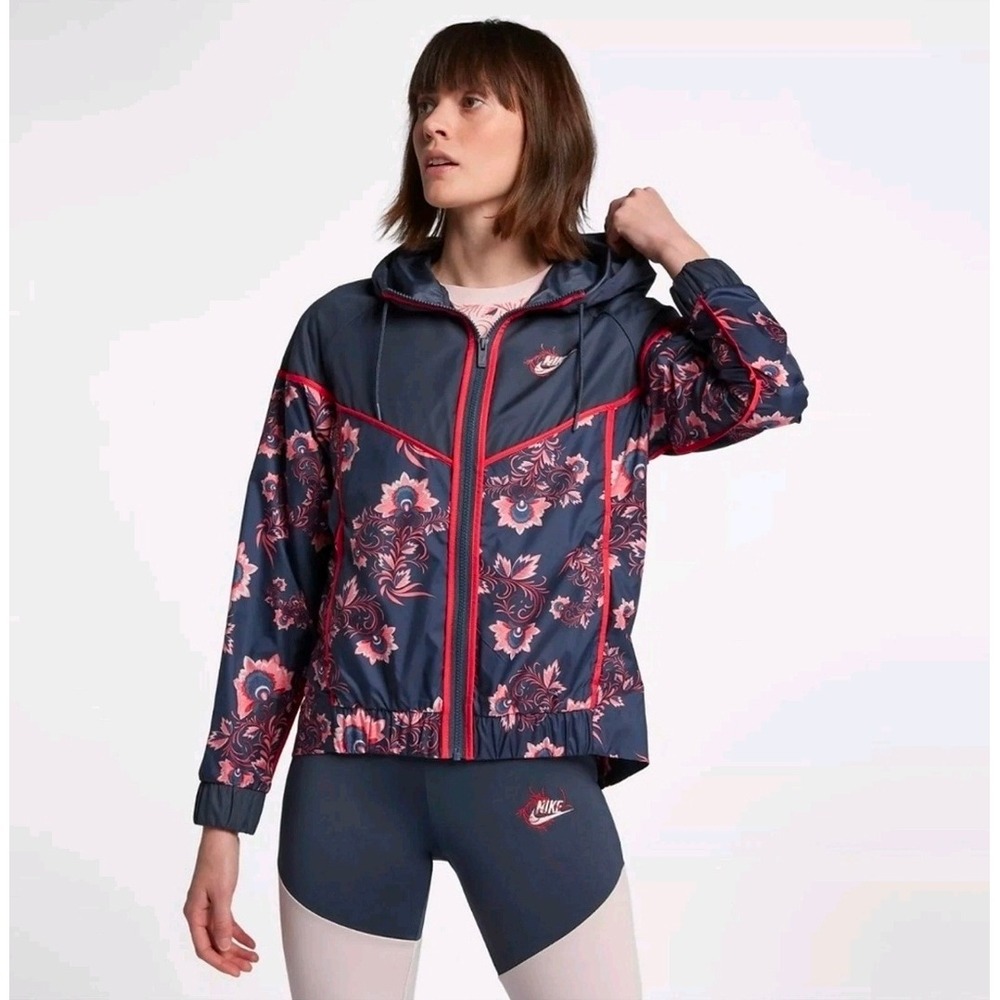 Nike Sportswear‎ Woman's M Windrunner Floral Hooded Jacket Navy Pink Activewear